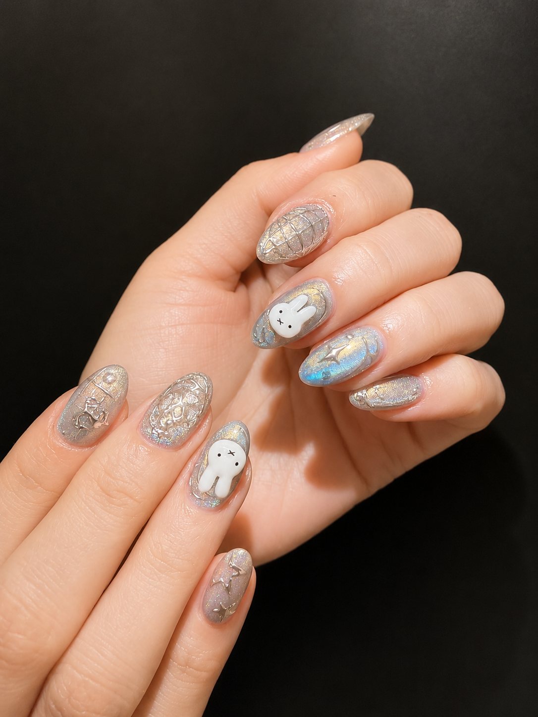 Character nail art on silver marble