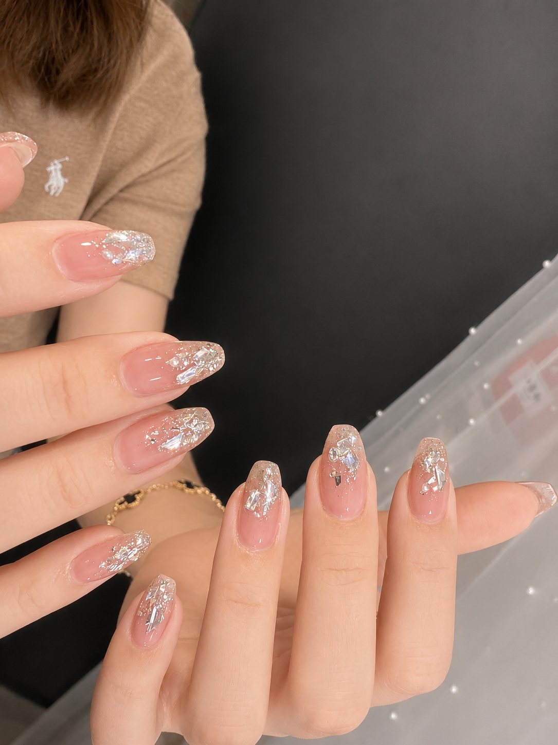 Sheer pink gel with glitter accents