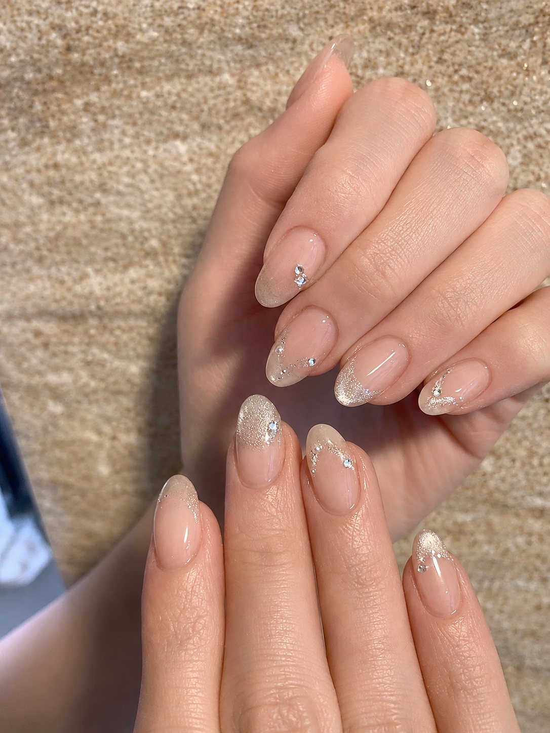 Sheer nude gel with silver dots